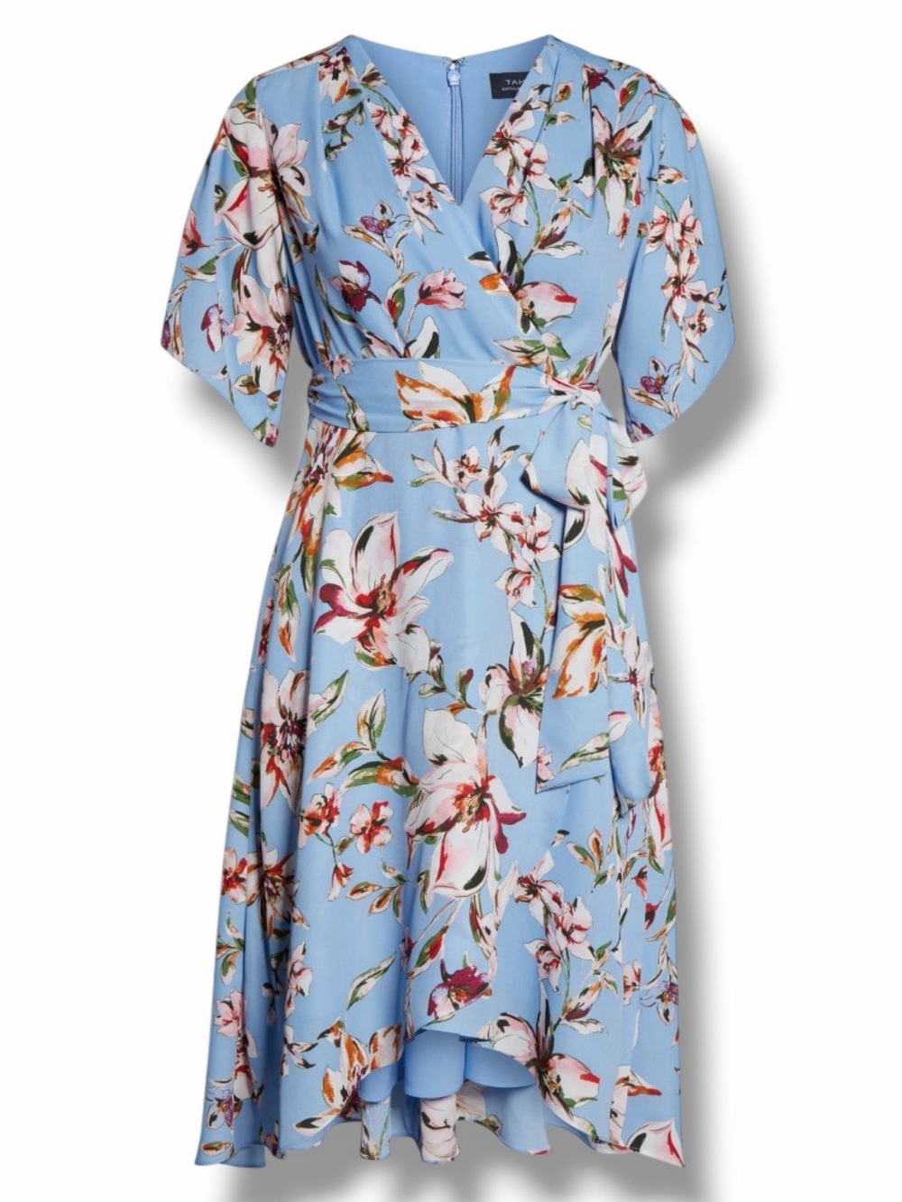Tahari Faux Wrap High Low Dress Blue Floral 22W Wedding Guest Spring Summer